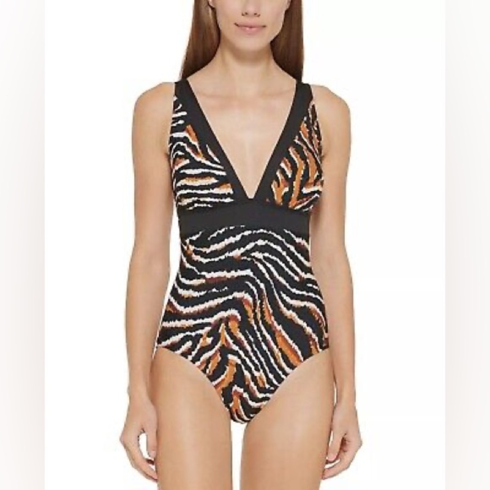 DKNY Animal Print Slimming 1pc Plunge Swimsuit‎ 10 NWT - Picture 1 of 7